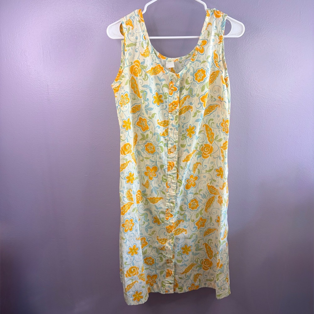 Vintage Tropical Floral Dress Button Front Sleeveless Midi Orange Blue White